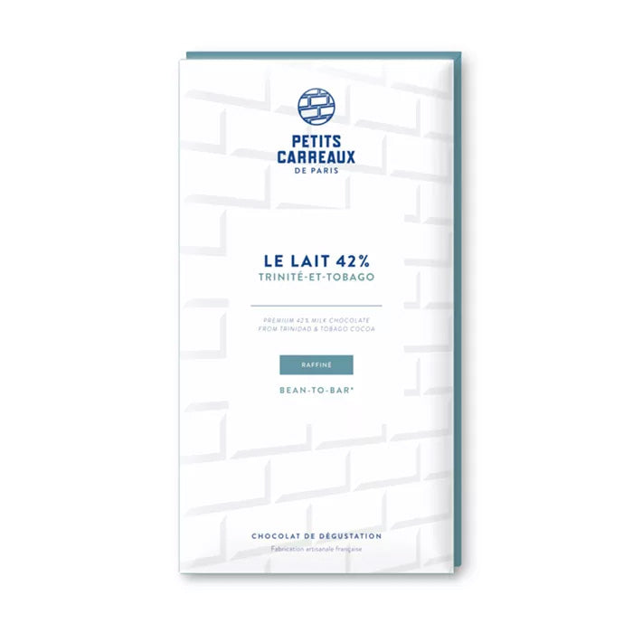 Packshot tablette de chocolat au lait, cacao 42% de Trinité-et-Tobago, Petits Carreaux de Paris