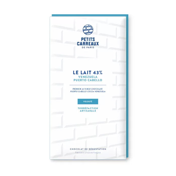 Packshot tablette de chocolat au lait, cacao 43% du Vénézuela, Petits Carreaux de Paris