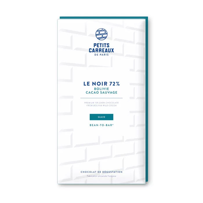 Packshot tablette de chocolat noir, 72% cacao sauvage de Bolivie, Petits Carreaux de Paris