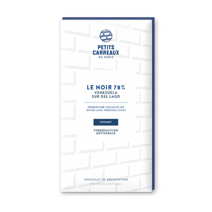 Packshot tablette de chocolat noir, cacao 78% du Vénézuela Sur del Lago, Petits Carreaux de Paris