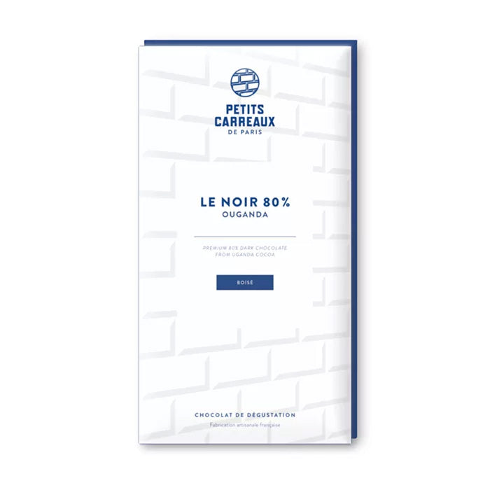 Packshot tablette de chocolat noir, cacao 80% d'Ouganda, Petits Carreaux de Paris