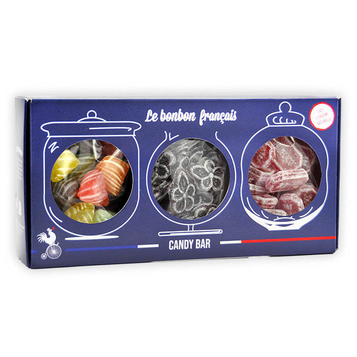 Coffret bleu Candy Bar Souvenirs des grands-parents avec trois fenêtres rondes révélant berlingot de carpentras, violette, coquelicot, Le Bonbon Français